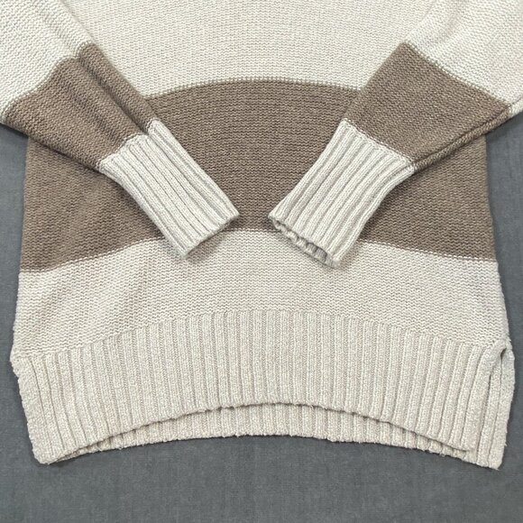 Olive+Oak Striped V-Neck Sweater Brown & Cream Polyester Ribbed Hem Womens M - Picture 2 of 10